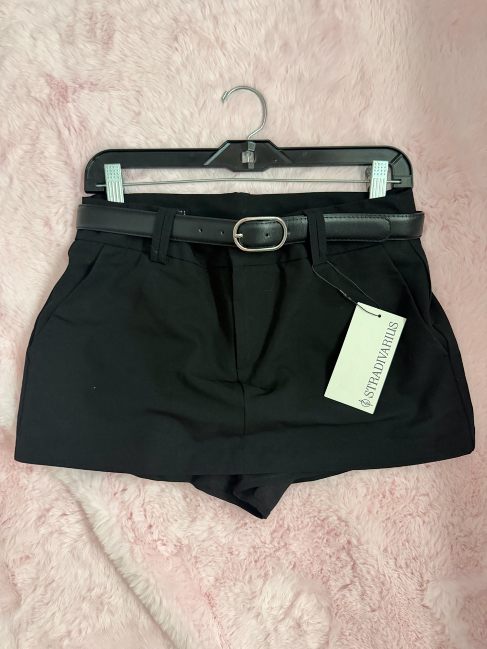 stradivarius Black High-Waist Belted Shorts